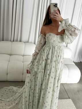 Delilah Maxi Dress with Train in Mint Floral